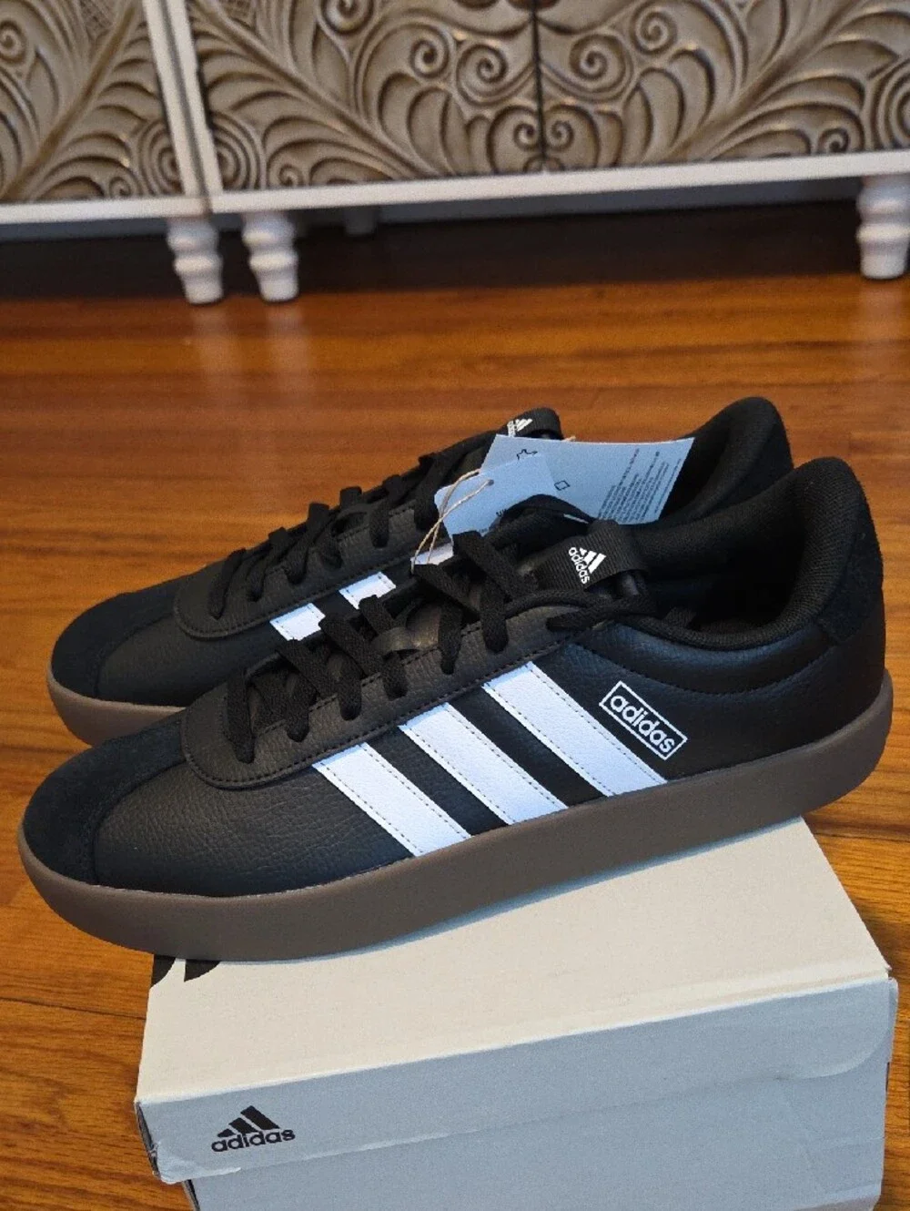 adidas Size 12 VL Court 3.0 Black White Sneakers with Brown-Gum Sole